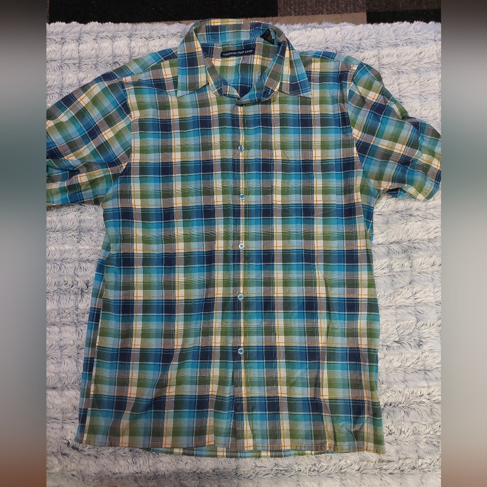 Beyond The Limit Men's Plaid Shirt - Blue and Green Large‎